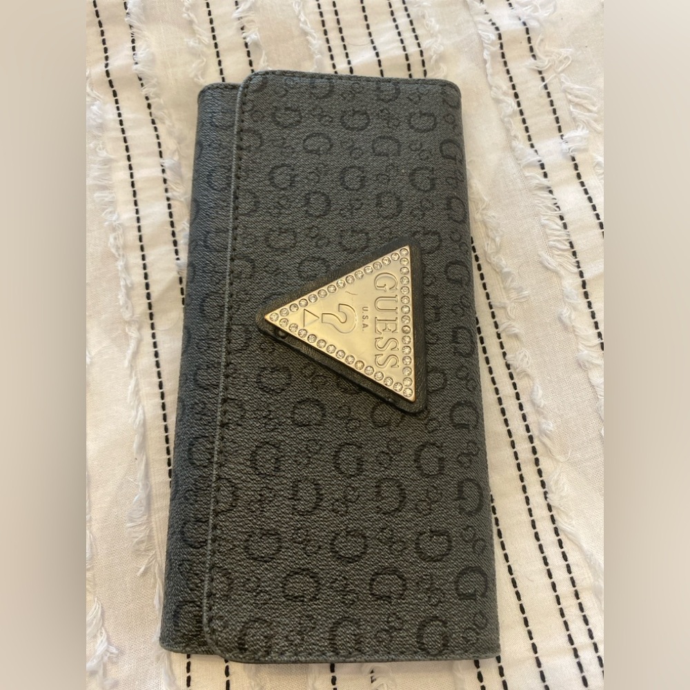 Guess Charcoal Monogram Wallet with Silver Emblem